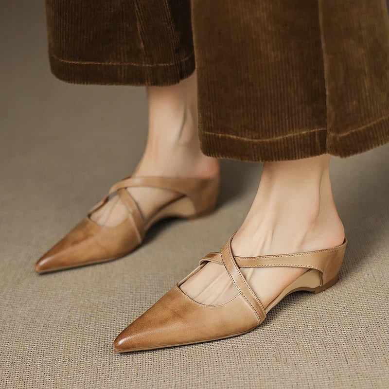 Mules Femme en Cuir Bout Pointu Talon Bloc