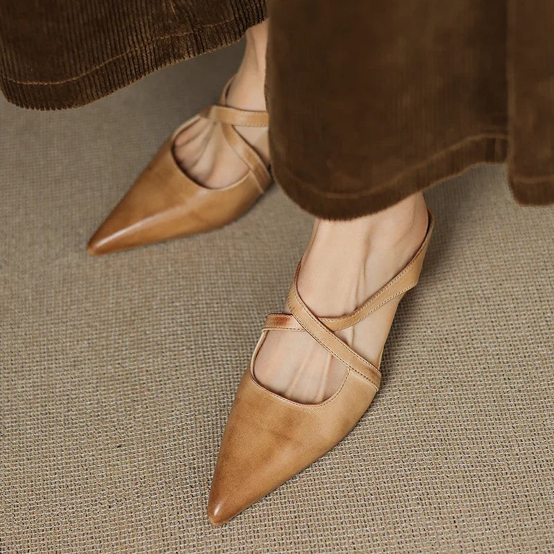 Mules Femme en Cuir Bout Pointu Talon Bloc