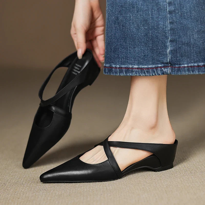 Mules Femme en Cuir Bout Pointu Talon Bloc