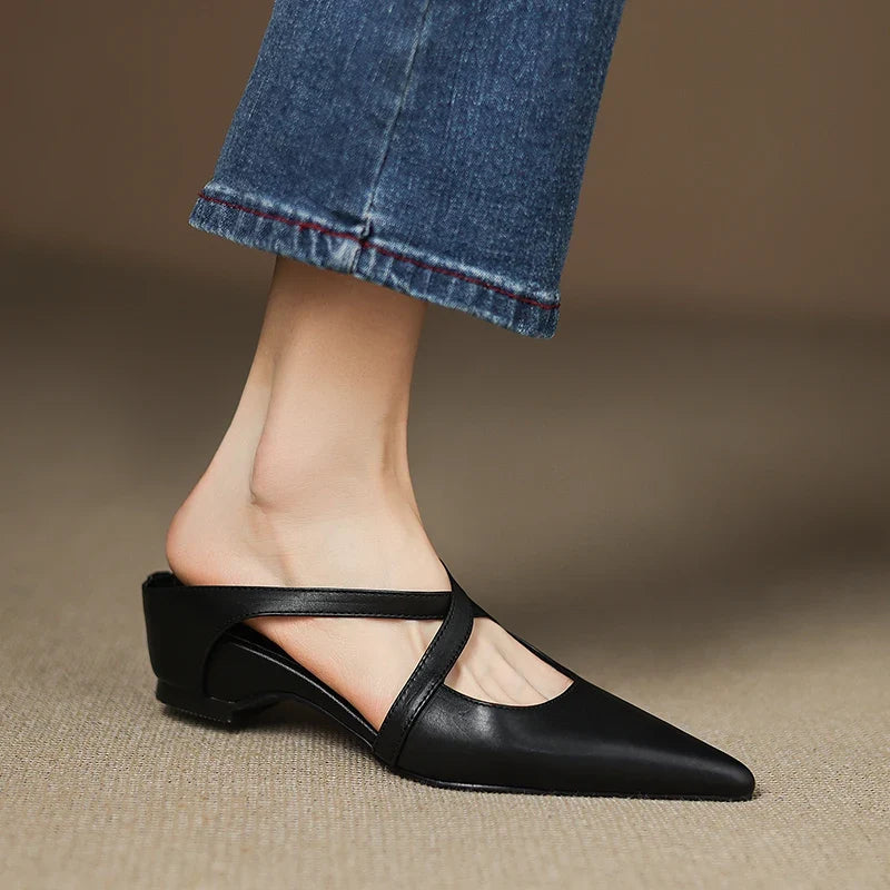 Mules Femme en Cuir Bout Pointu Talon Bloc