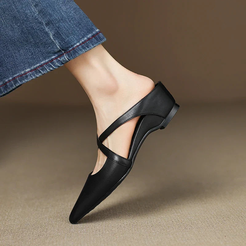 Mules Femme en Cuir Bout Pointu Talon Bloc