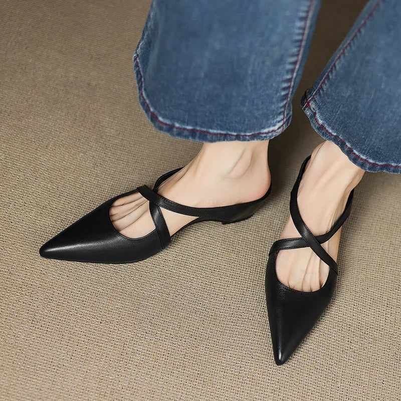 Mules Femme en Cuir Bout Pointu Talon Bloc