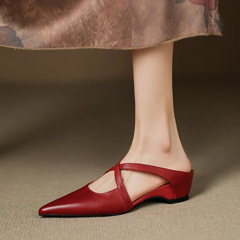 Mules Femme en Cuir Bout Pointu Talon Bloc