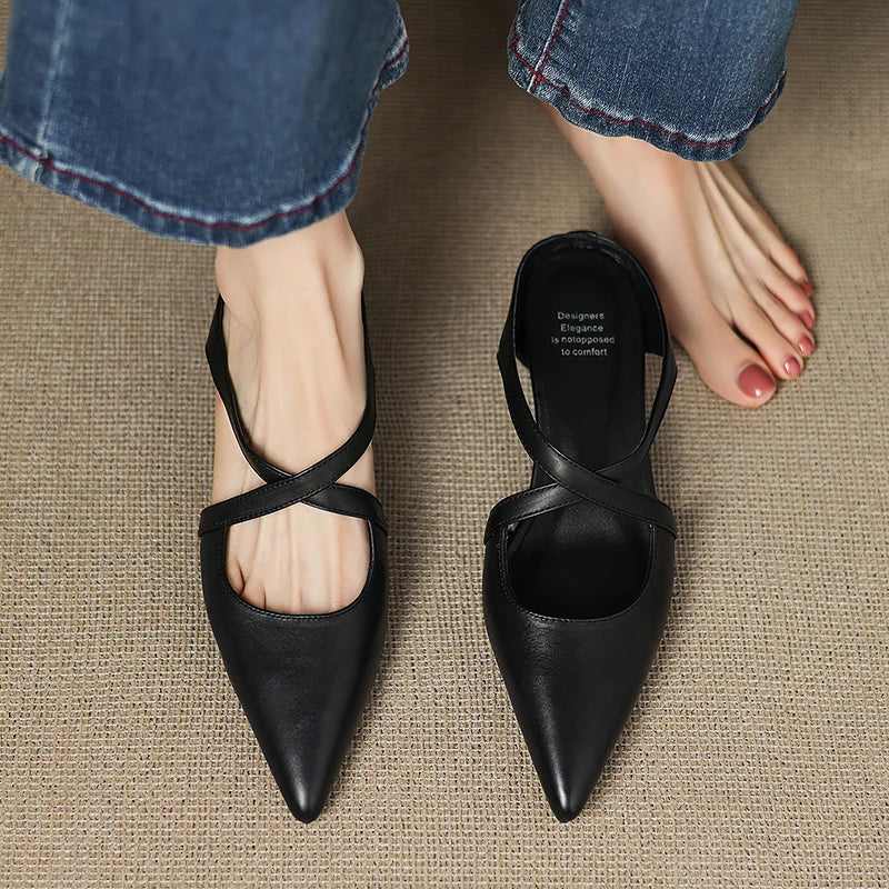 Mules Femme en Cuir Bout Pointu Talon Bloc