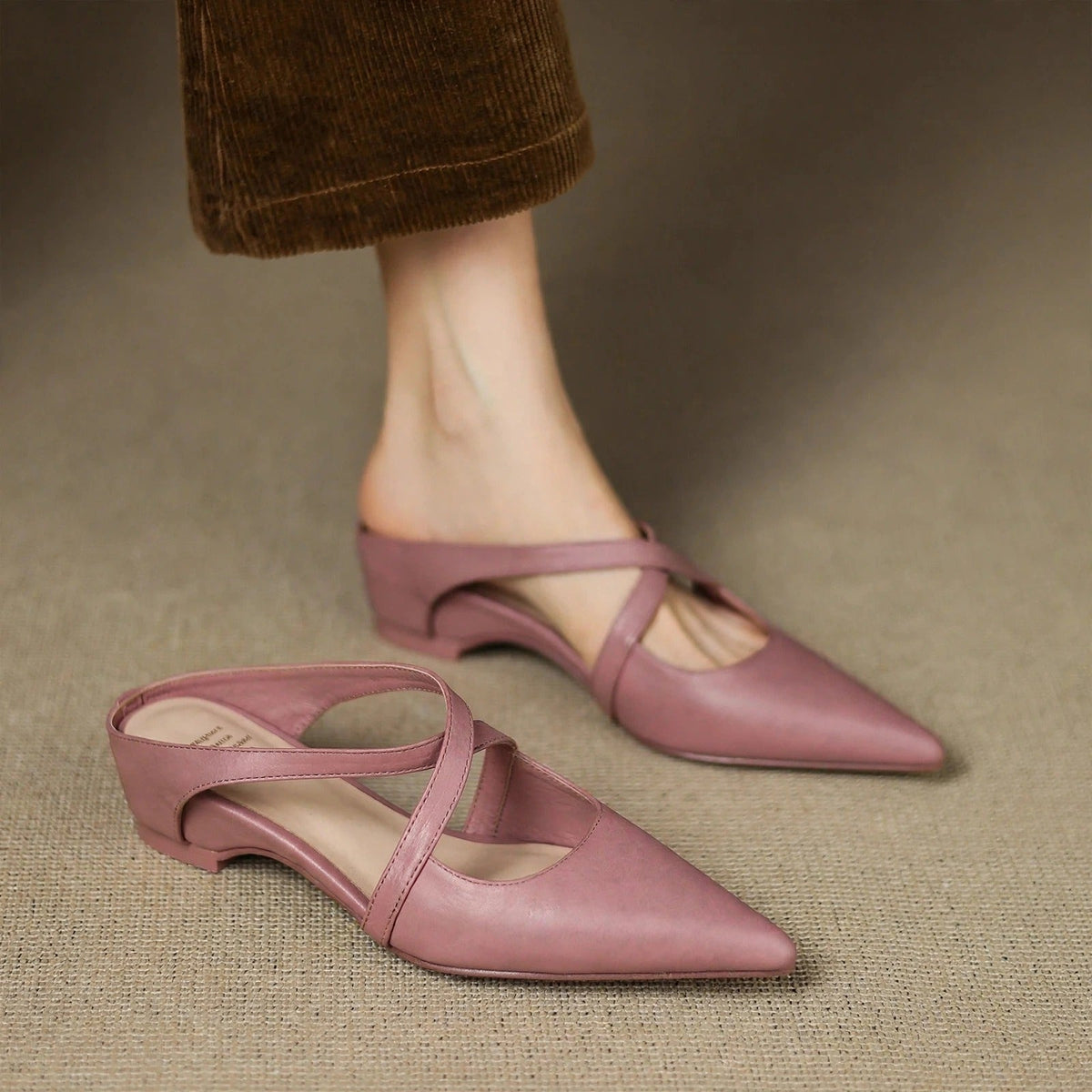Mules Femme en Cuir Bout Pointu Talon Bloc - Rose