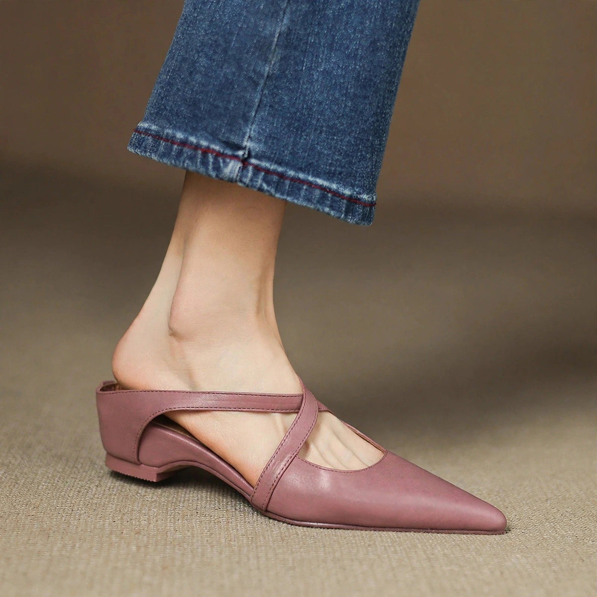 Mules Femme en Cuir Bout Pointu Talon Bloc