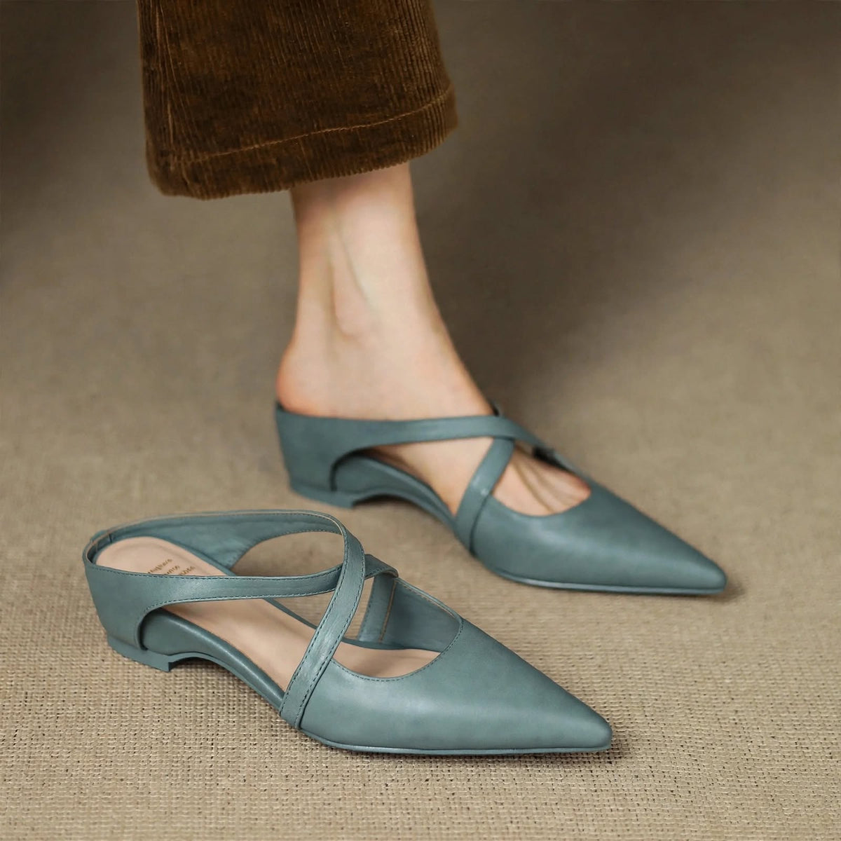 Mules Femme en Cuir Bout Pointu Talon Bloc - Bleu
