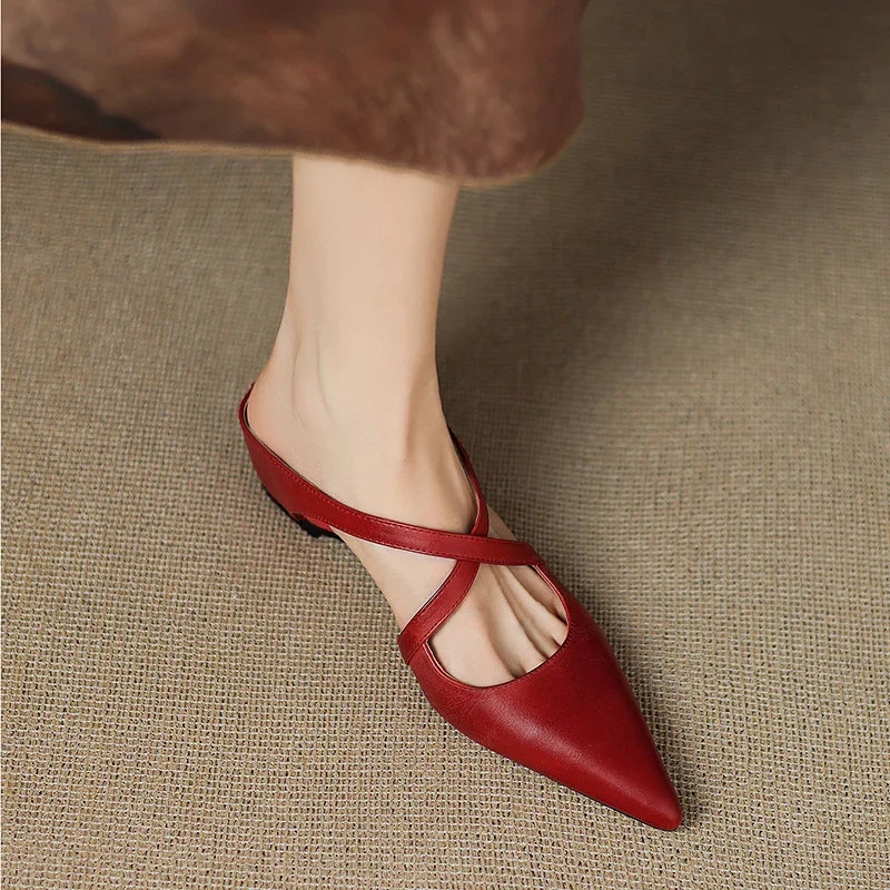 Mules Femme en Cuir Bout Pointu Talon Bloc