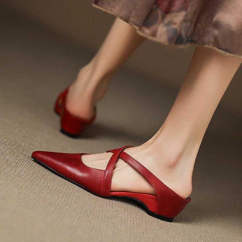 Mules Femme en Cuir Bout Pointu Talon Bloc
