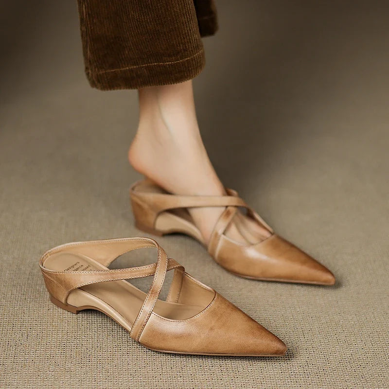 Mules Femme en Cuir Bout Pointu Talon Bloc - Abricot