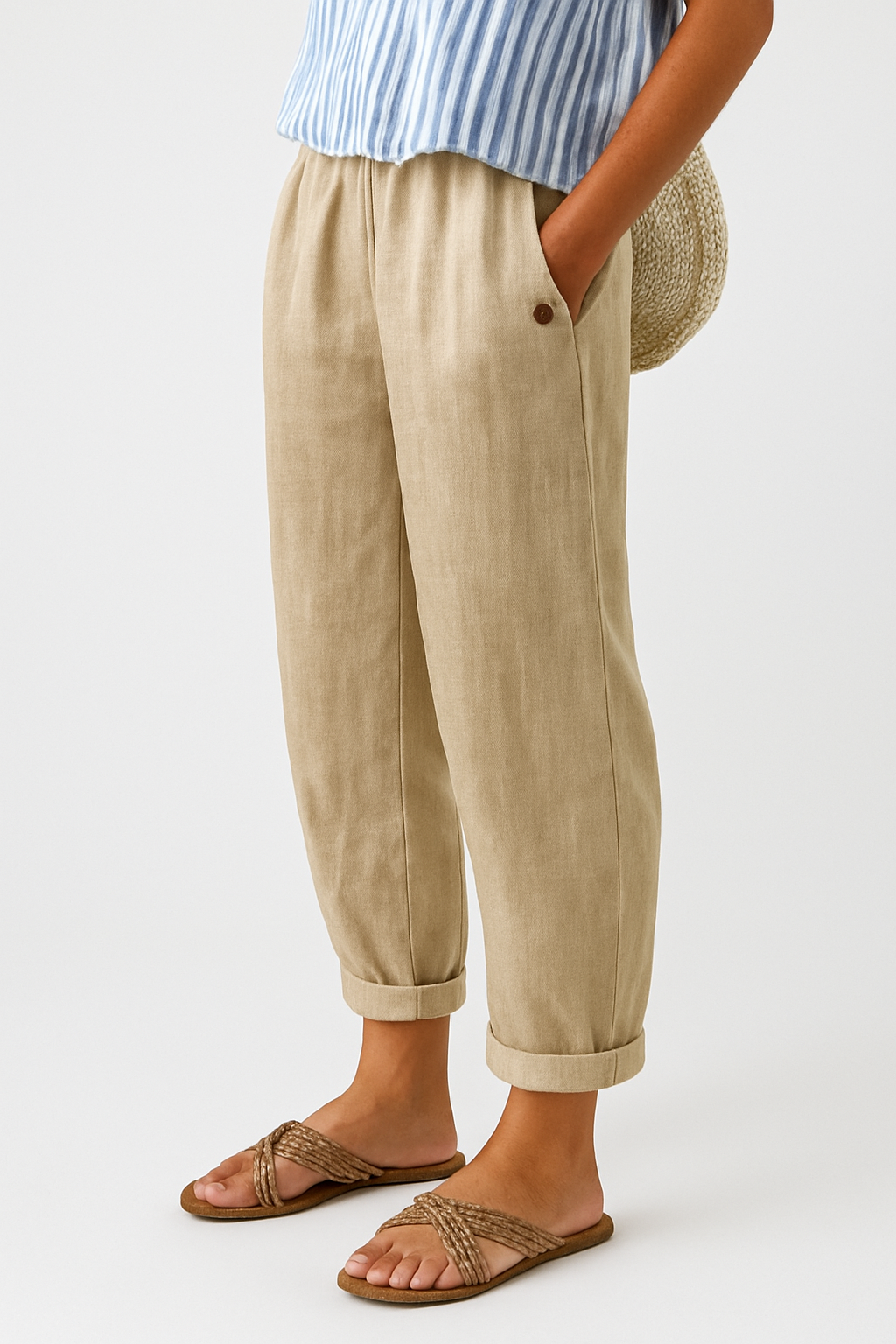 Pantalon droit femme taille élastique poches latérales