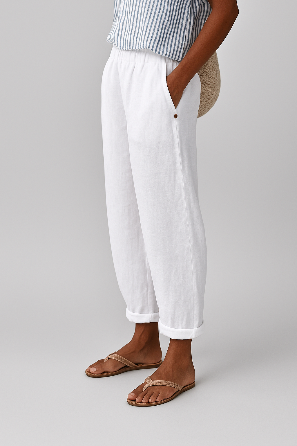 Pantalon droit femme taille élastique poches latérales