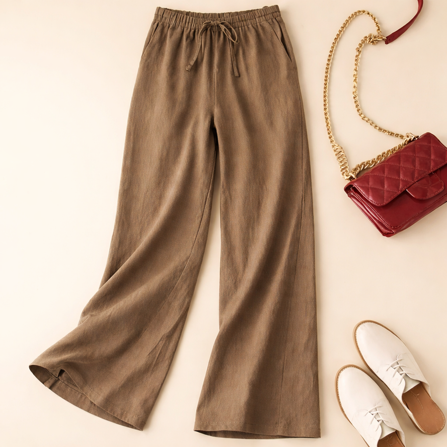 Pantalon en Lin Femme Taille Élastique Cordon Coupe Décontractée Poches Latérales Été Bureau