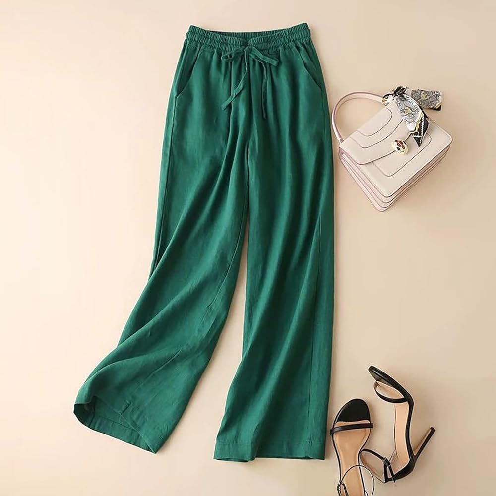 Pantalon en lin à cordon taille élastique coupe décontractée