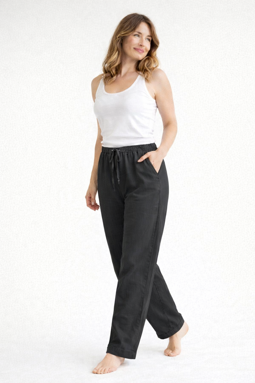 Pantalon en lin femme taille élastique coupe ample