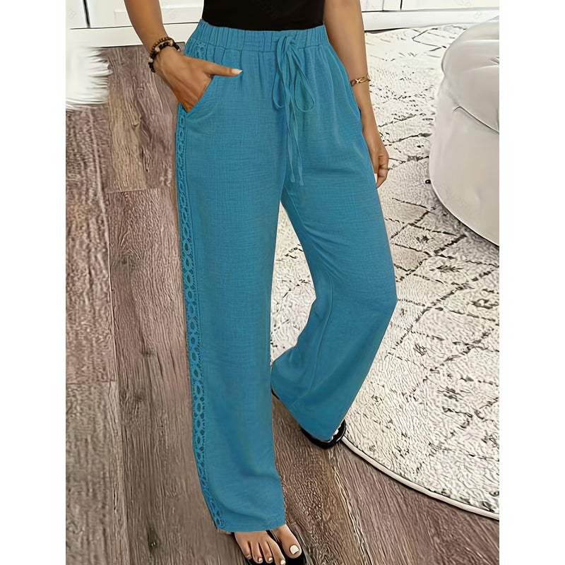 Pantalon fluide femme taille élastique cordon dentelle latérale