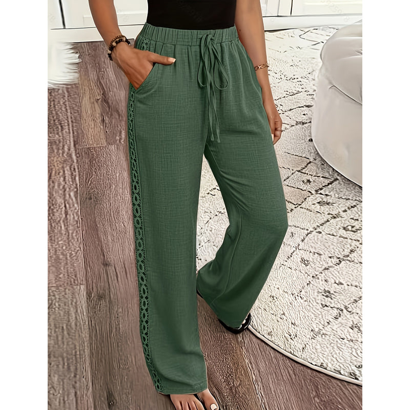 Pantalon fluide femme taille élastique cordon dentelle latérale