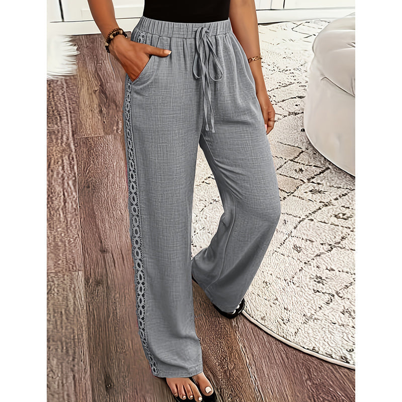 Pantalon fluide femme taille élastique cordon dentelle latérale