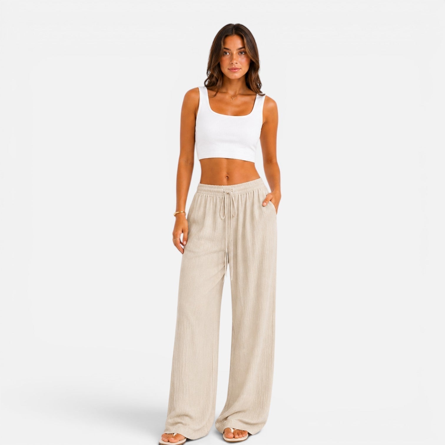 Pantalon large femme taille élastique coupe confort