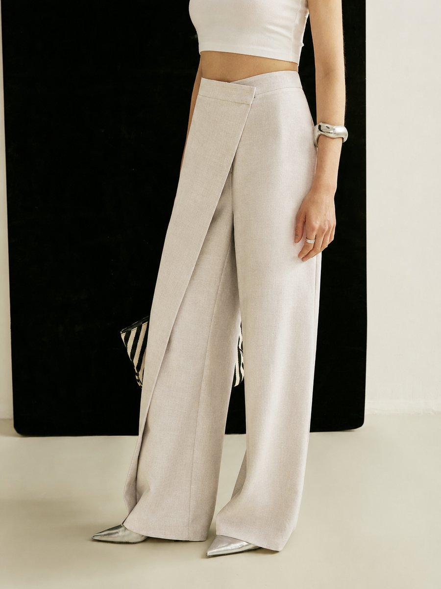 Pantalon large taille haute asymétrique femme