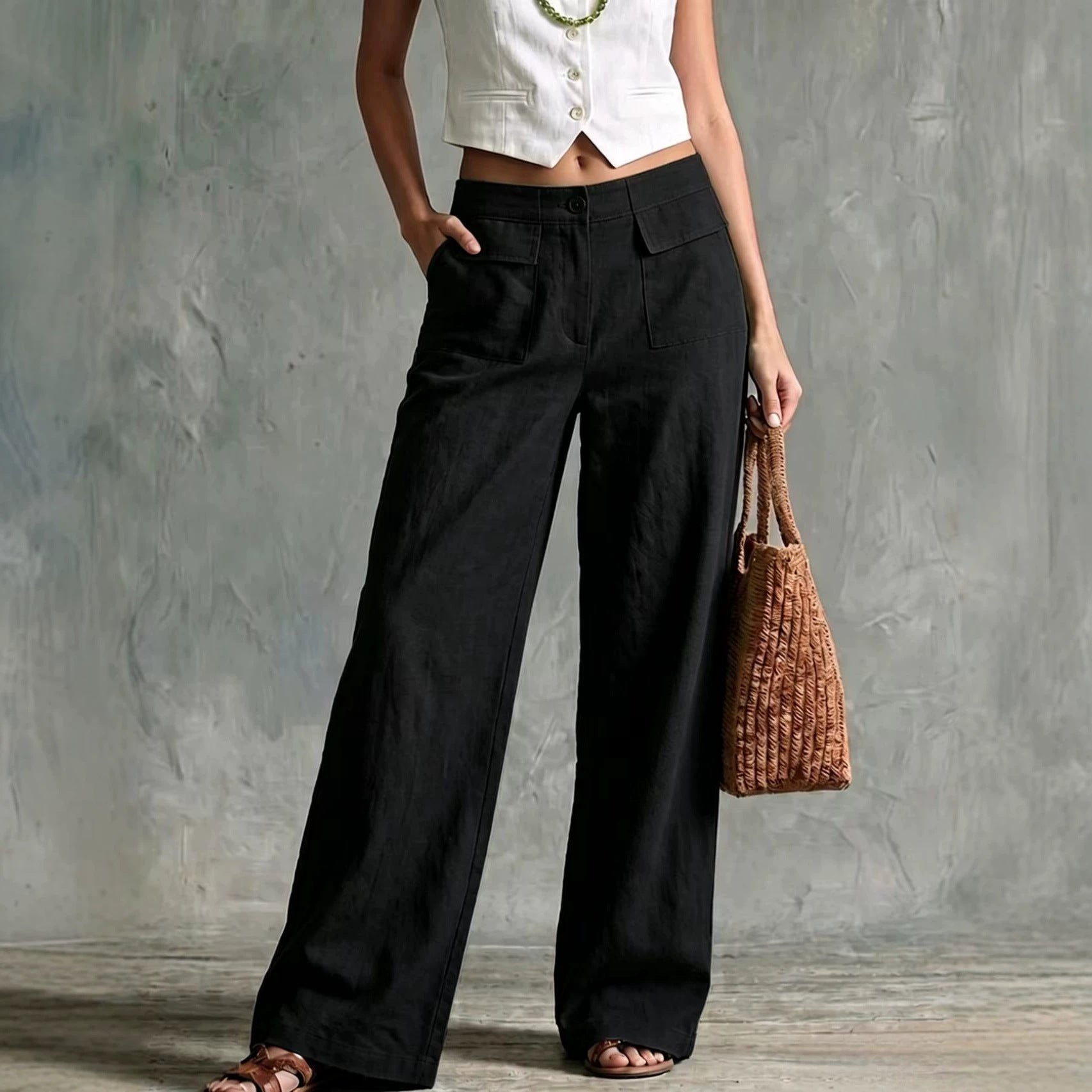 Pantalon taille élastique ample femme uni décontracté
