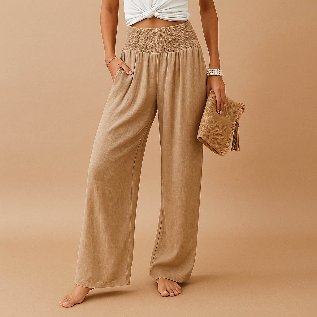Pantalon taille haute en lin femme, coupe droite décontractée