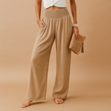 Pantalon taille haute en lin femme, coupe droite décontractée