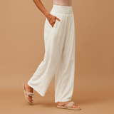 Pantalon taille haute en lin femme, coupe droite décontractée