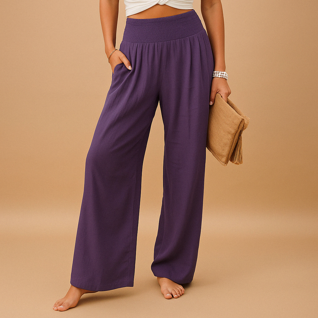 Pantalon taille haute en lin femme, coupe droite décontractée