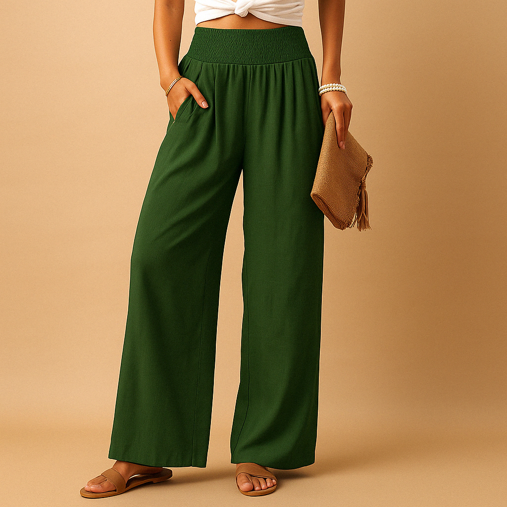 Pantalon taille haute en lin femme, coupe droite décontractée