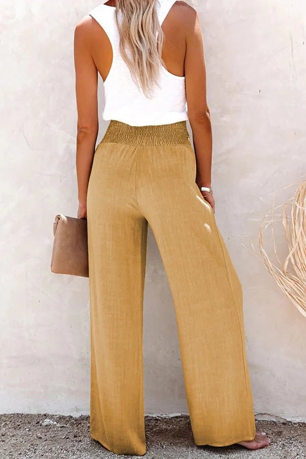 Pantalon Taille Haute Femme Ceinture Smockée