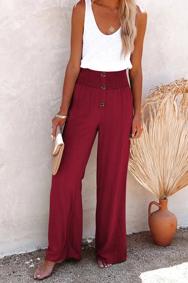 Pantalon Taille Haute Femme Ceinture Smockée