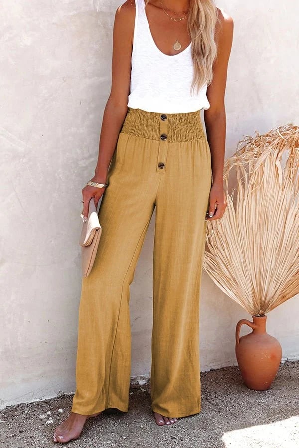 Pantalon Taille Haute Femme Ceinture Smockée