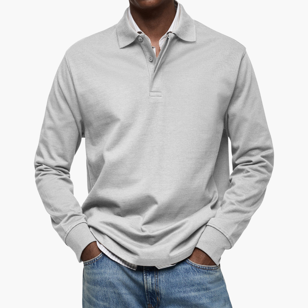 Polo Manche Longue Homme Coupe Regular Col Classique en Coton - Gris Clair