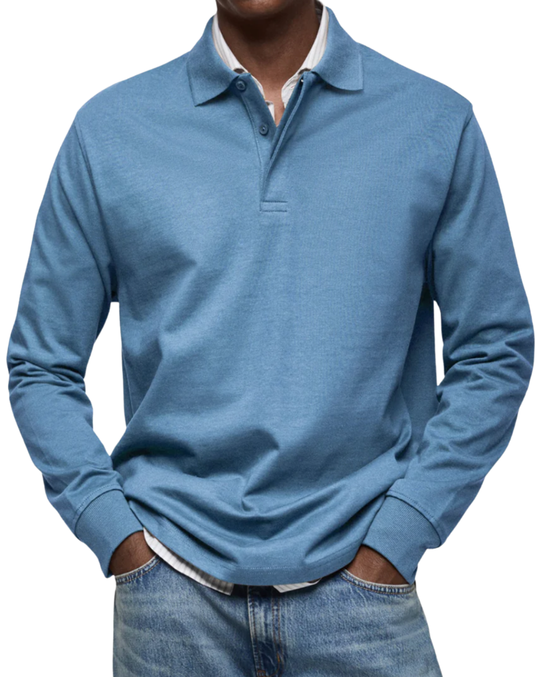 Polo Manche Longue Homme Coupe Regular Col Classique en Coton - Bleu