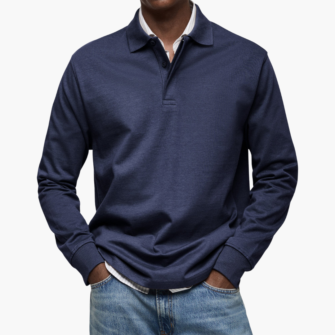 Polo Manche Longue Homme Coupe Regular Col Classique en Coton - Bleu Marine