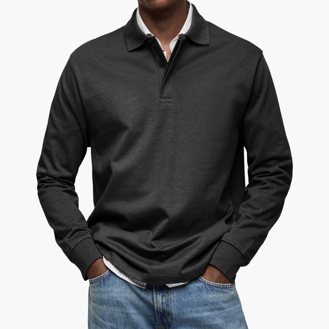 Polo Manche Longue Homme Coupe Regular Col Classique en Coton - Noir