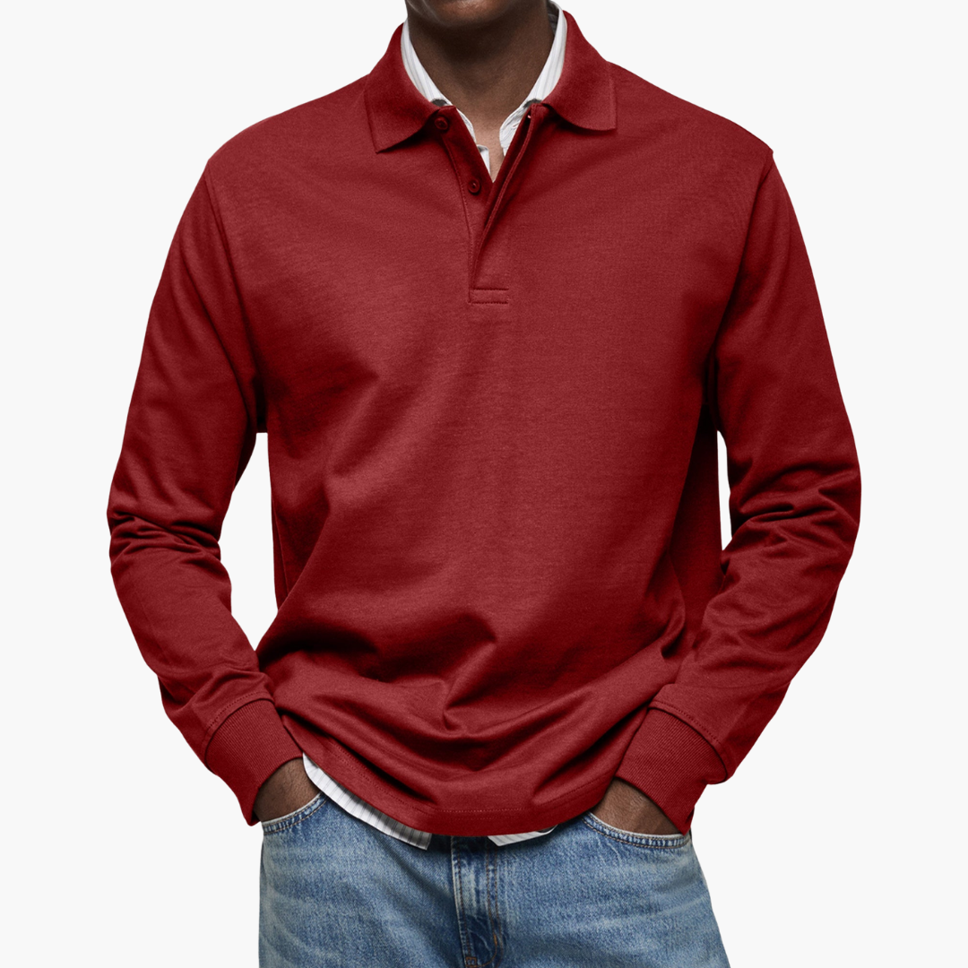 Polo Manche Longue Homme Coupe Regular Col Classique en Coton - Rouge