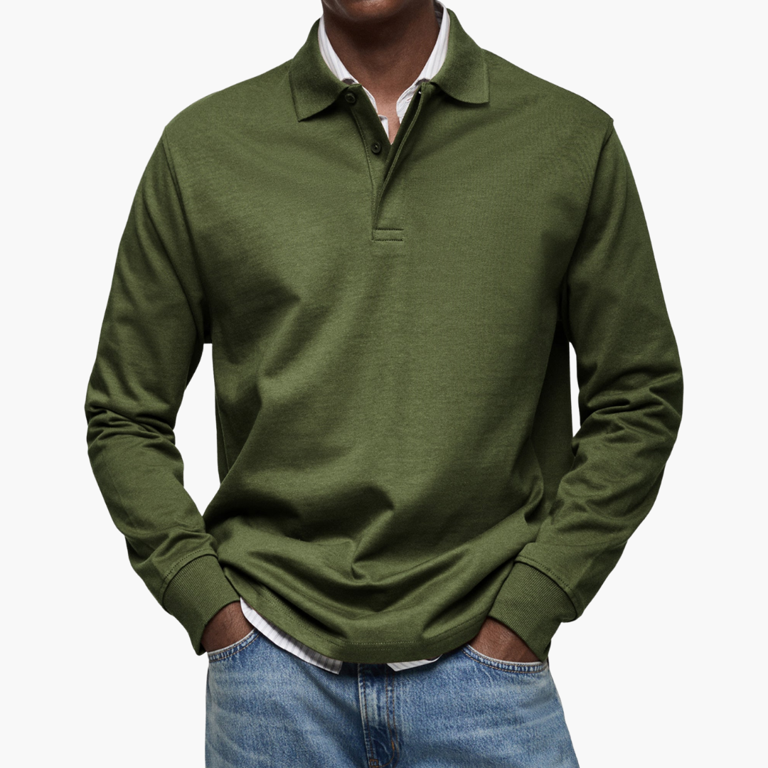 Polo Manche Longue Homme Coupe Regular Col Classique en Coton - Vert Foncé
