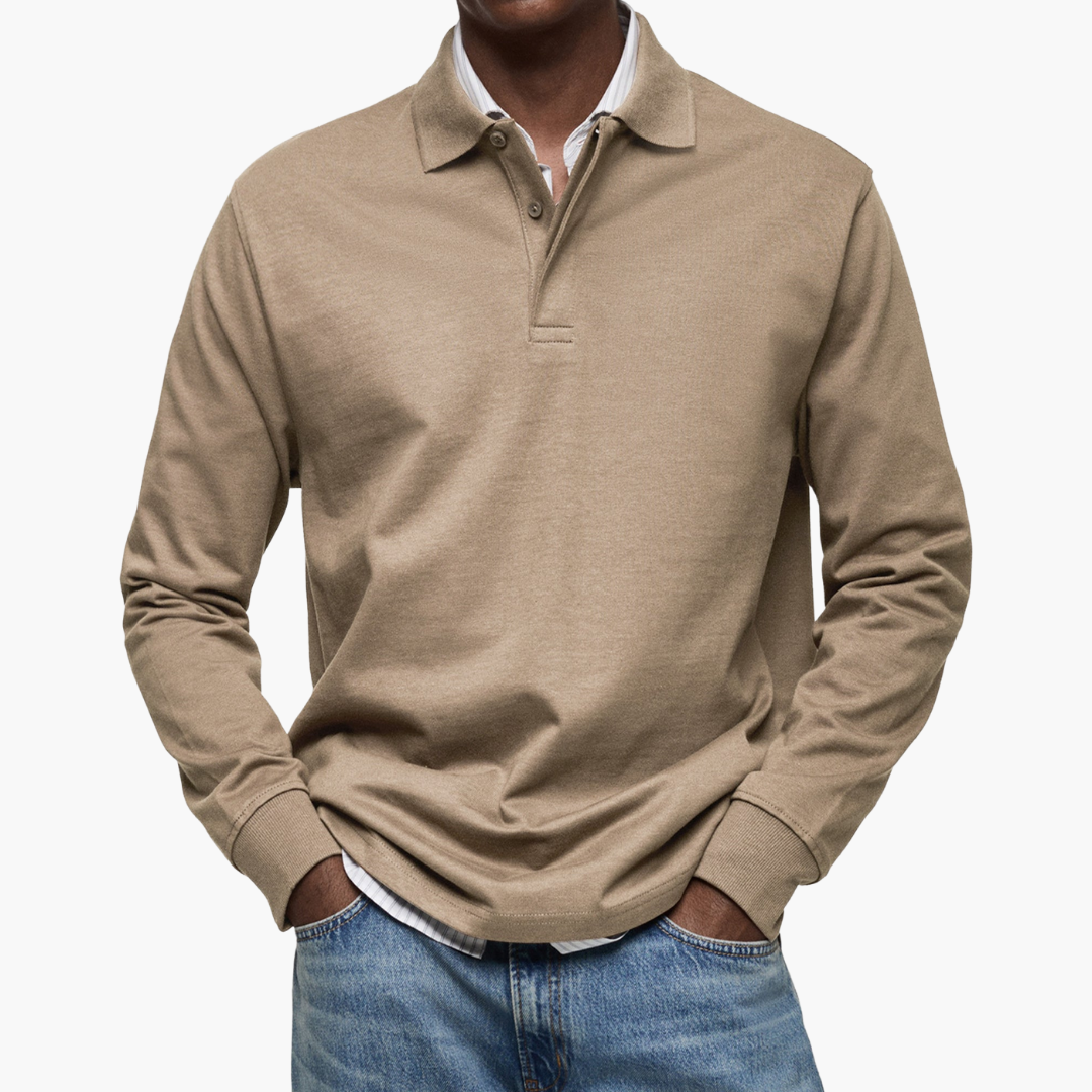 Polo Manche Longue Homme Coupe Regular Col Classique en Coton - Kaki