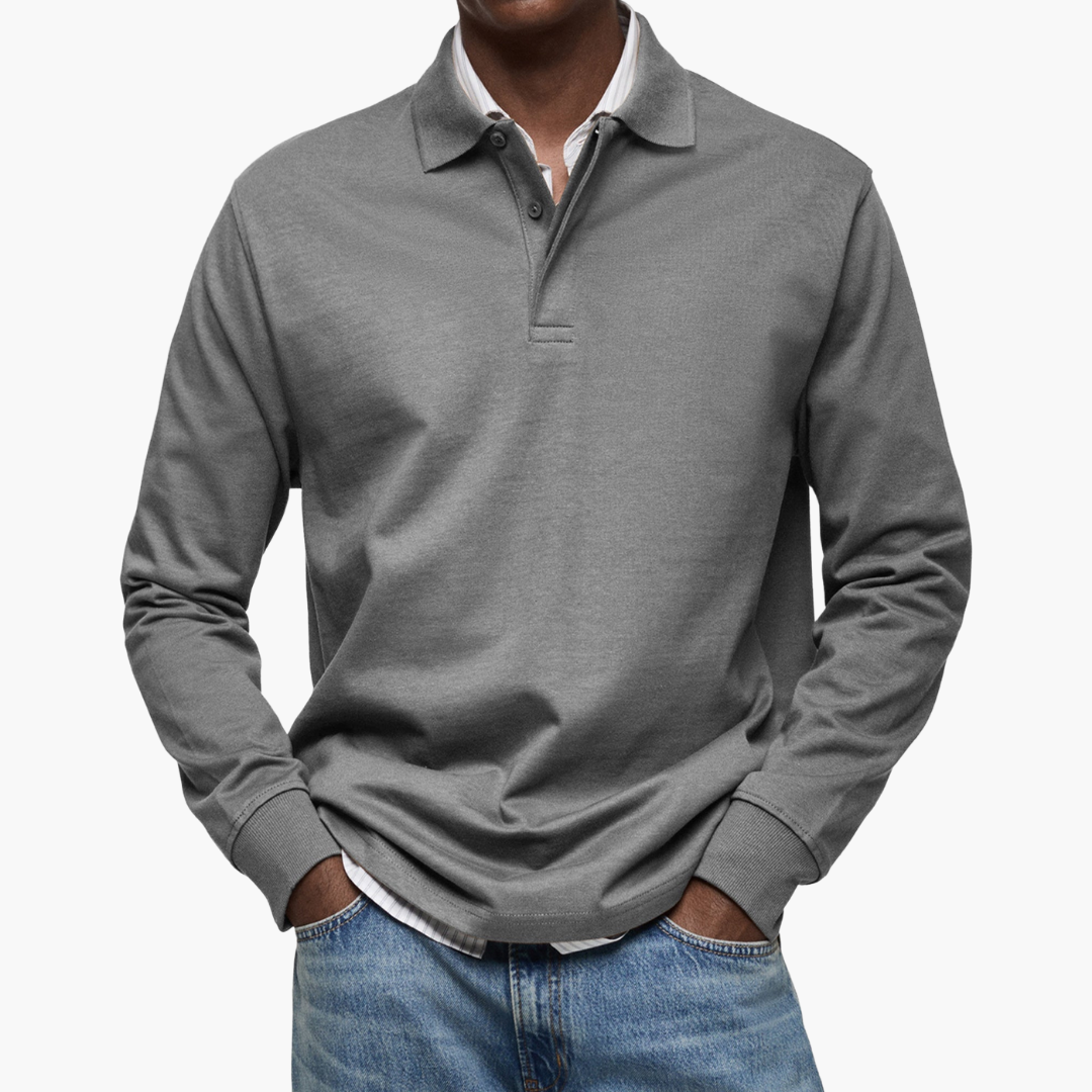 Polo Manche Longue Homme Coupe Regular Col Classique en Coton - Gris