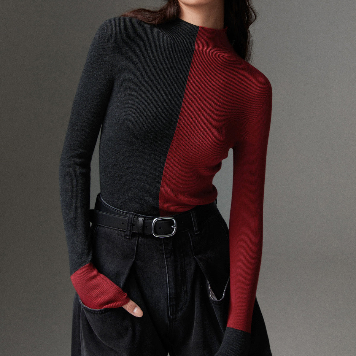 Pull Ajusté Bicolore en Laine Femme