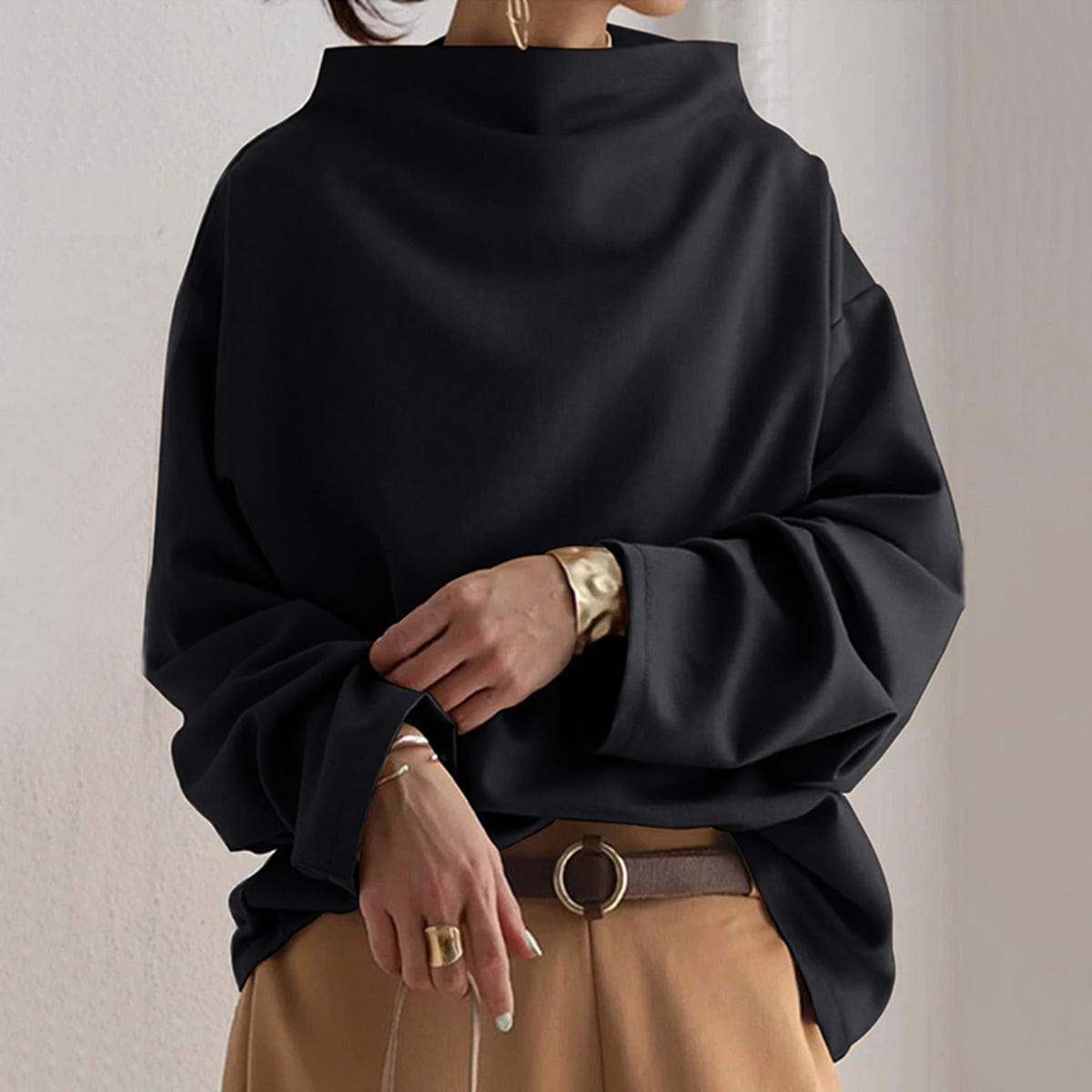 Pull col montant femme en maille douce - Noir