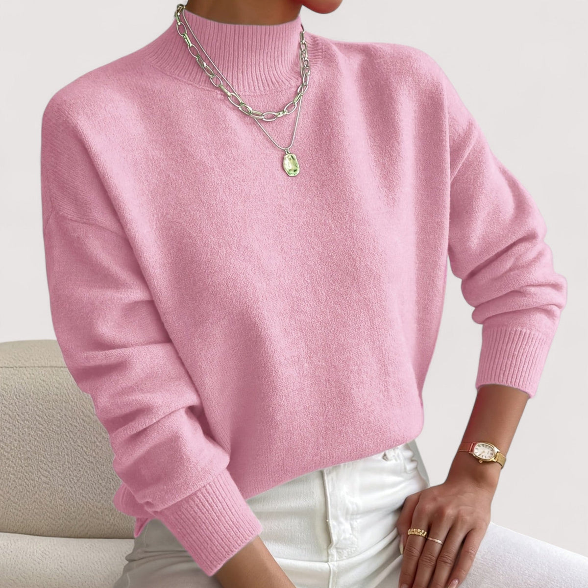 Pull col roulé femme chaud coupe ajustée - Rose Clair