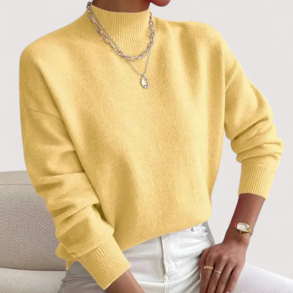 Pull col roulé femme chaud coupe ajustée - Jaune