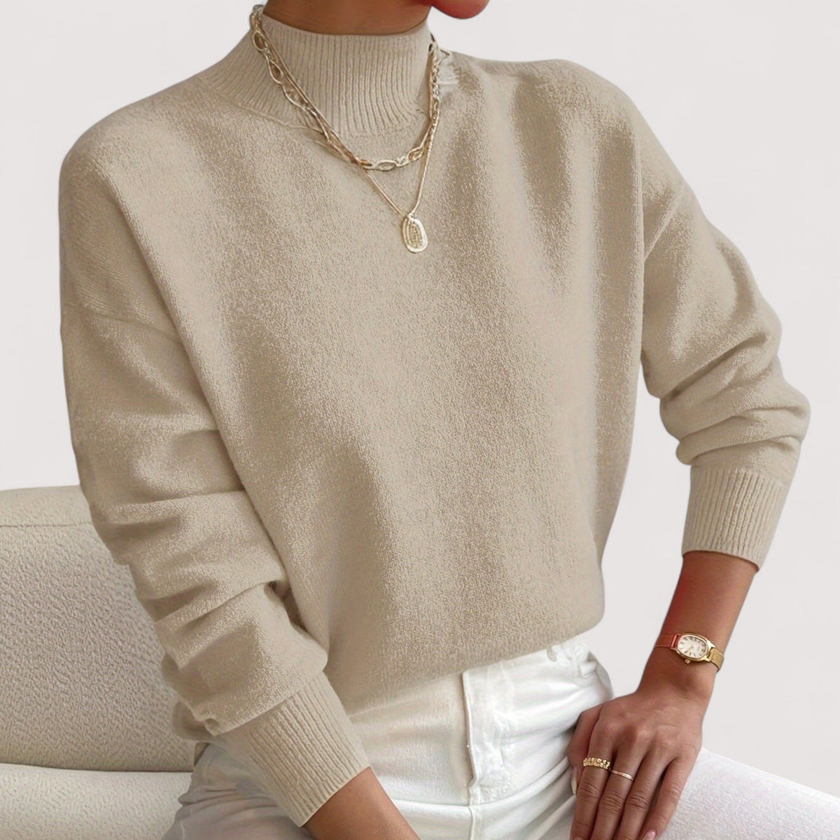 Pull col roulé femme chaud coupe ajustée - Beige