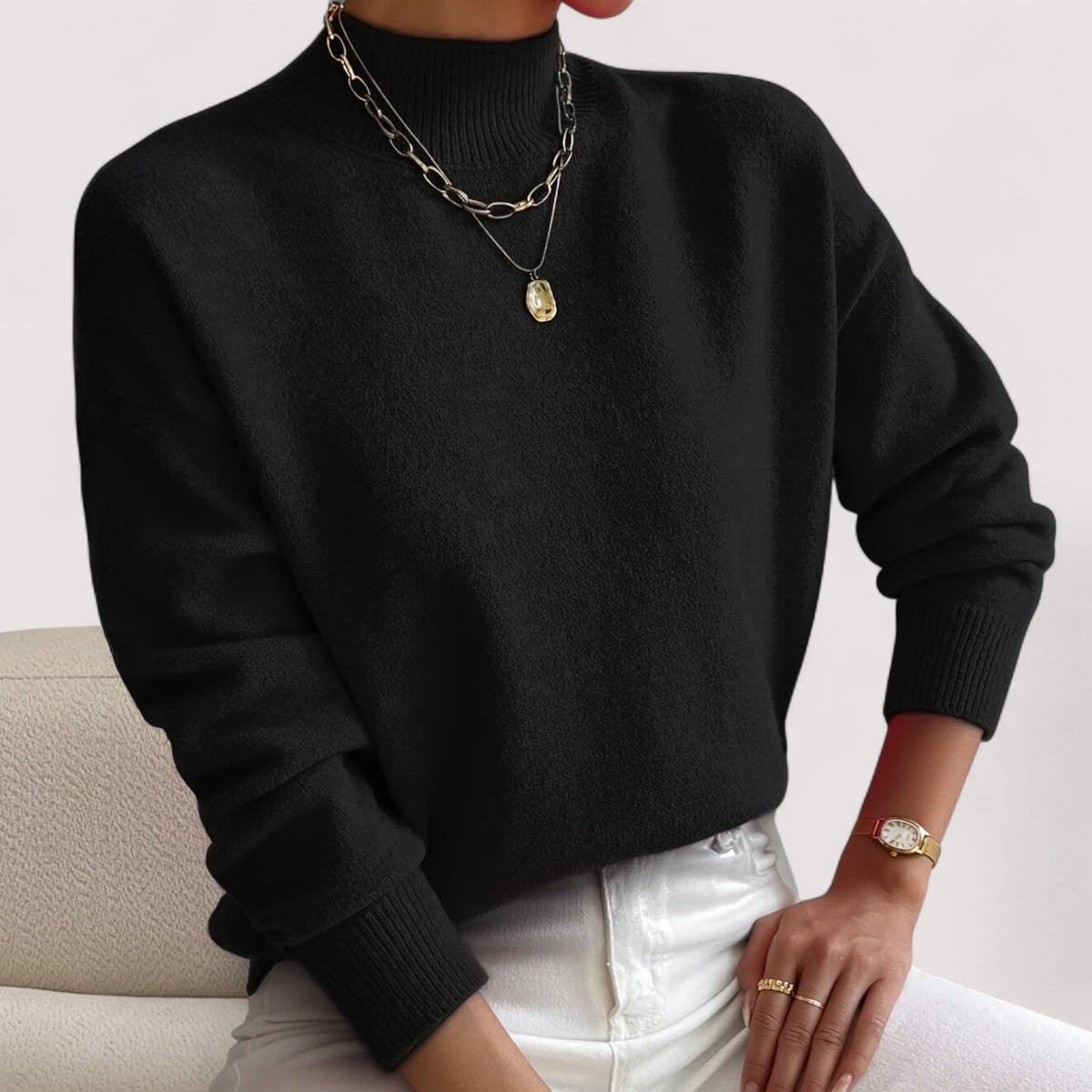 Pull col roulé femme chaud coupe ajustée - Noir