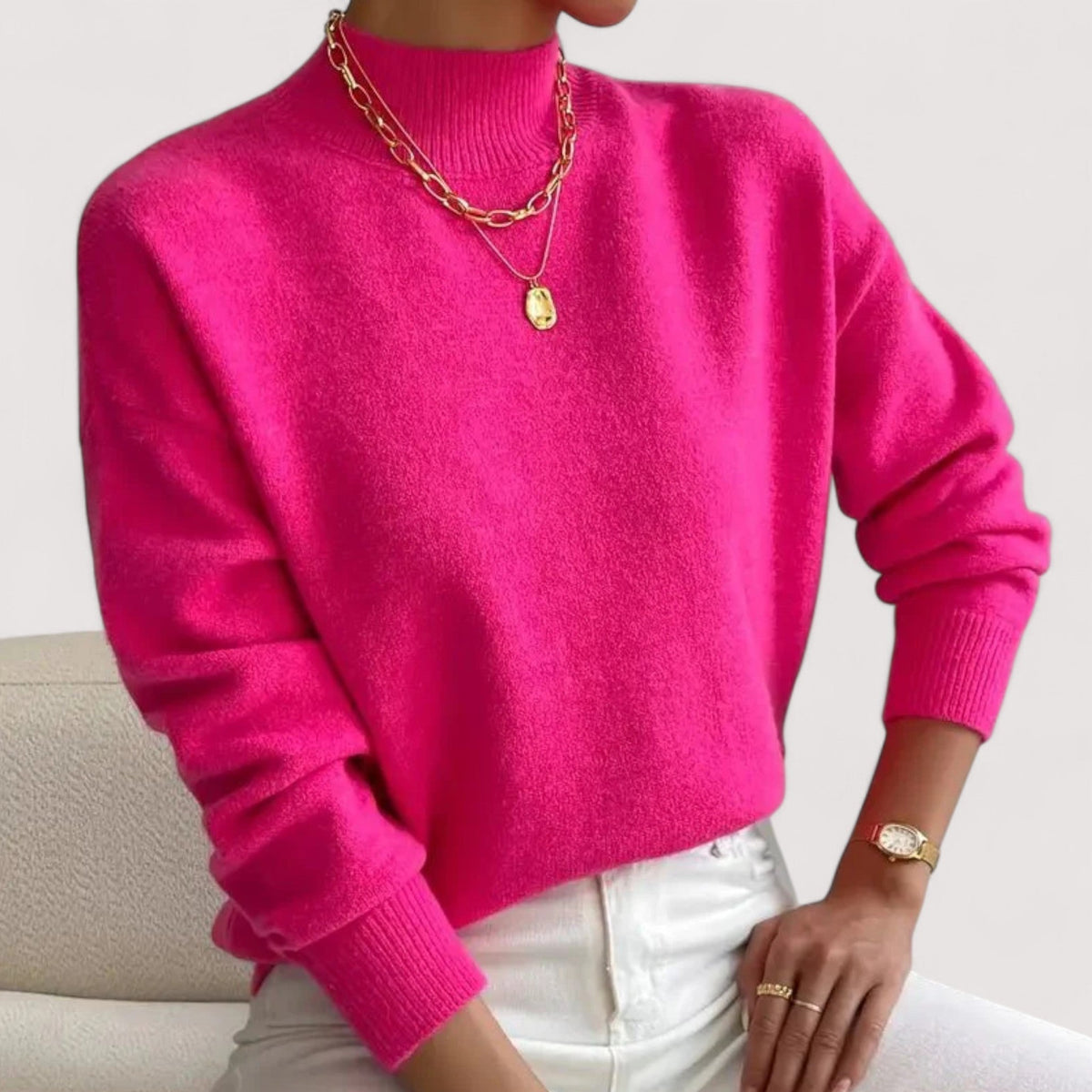 Pull col roulé femme chaud coupe ajustée - Rose