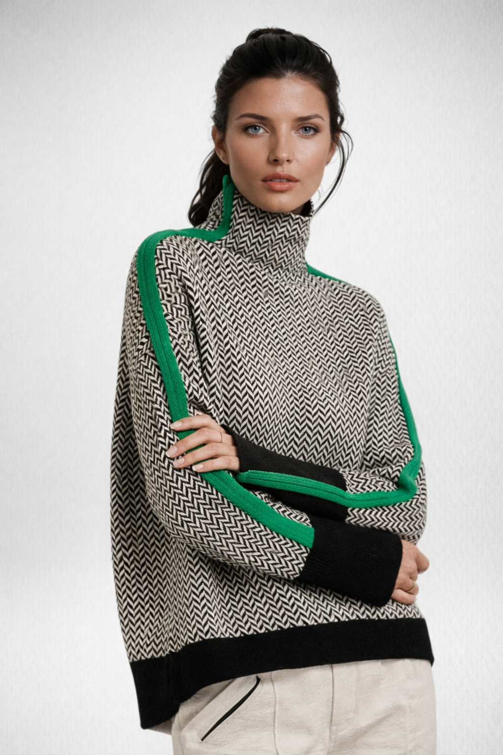 Pull col roulé femme laine cachemire rayures contrastées - Vert
