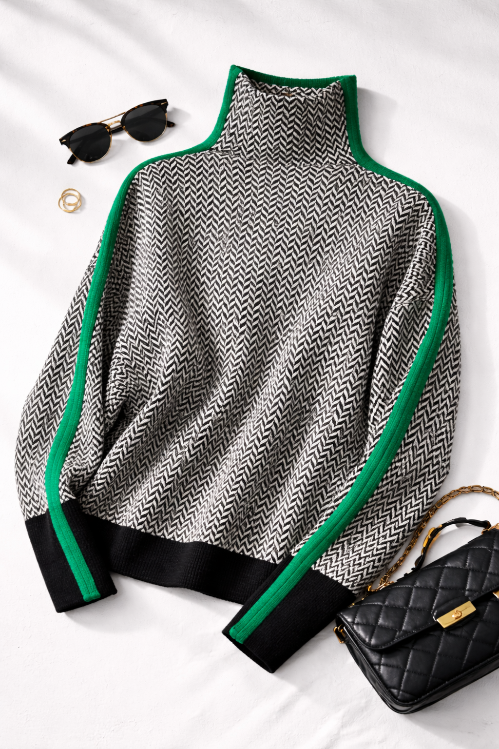 Pull col roulé femme laine cachemire rayures contrastées